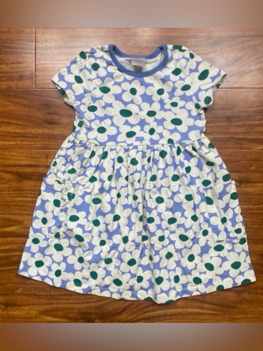 Hanna Andersson Girls Blue White Floral Pocket Short Sleeve Dress Size 5 Casual